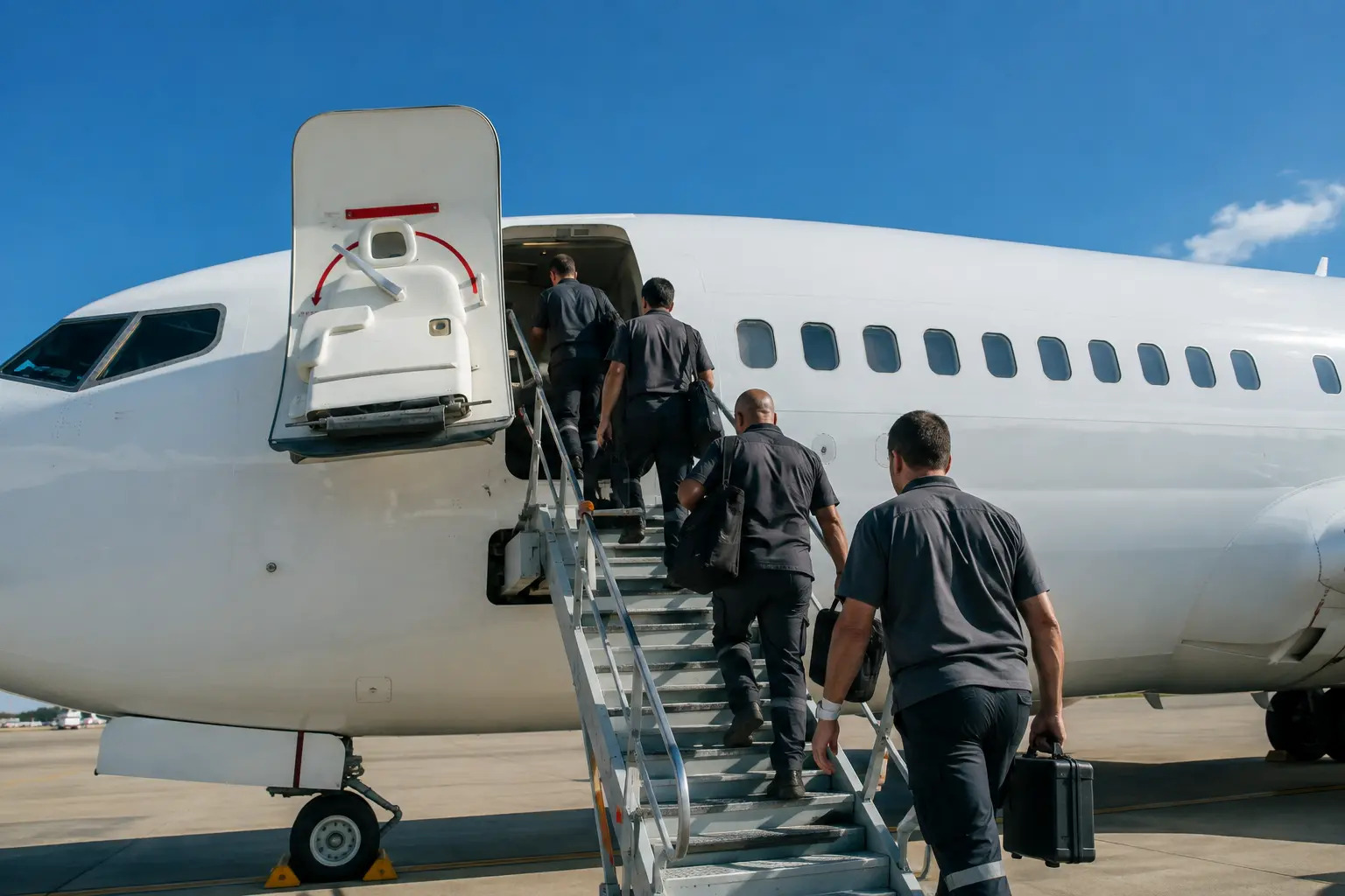 Equipe técnica da DMS embarcando em avião com maletas de ferramentas